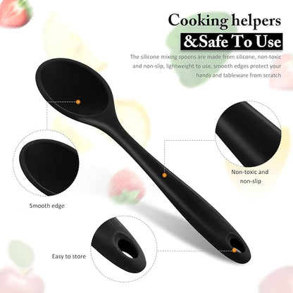 Shappy 4 Pieces Silicone Cooking Spoons 10.6 Inch Heat Resistant Kitchen Spoons for Mixing, Serving and Stirring Upgrade Large Non Stick Basting Utensils, Dishwasher Safe(Spoon,Black) - Image 4