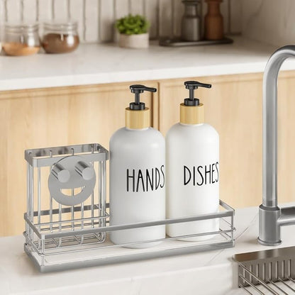 Moforoco Kitchen Dish Soap Dispenser Set, 16OZ Glass Bottle, Hand and Dish Soap Dispenser Set, Instant Dry Tray, Brush Holder with Smiley Face Sponge Holder (Silver Tray+White Bottle) - Image 7