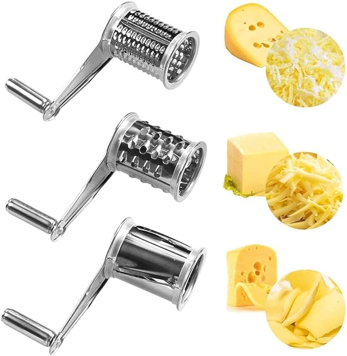 Stainless Steel Single Drum Rotary Cheese Grater, Multipurpose Rotary Cheese Grater with 3 Different Rotatable Drums for Parmesan, Mozzerella, Vegetables and More