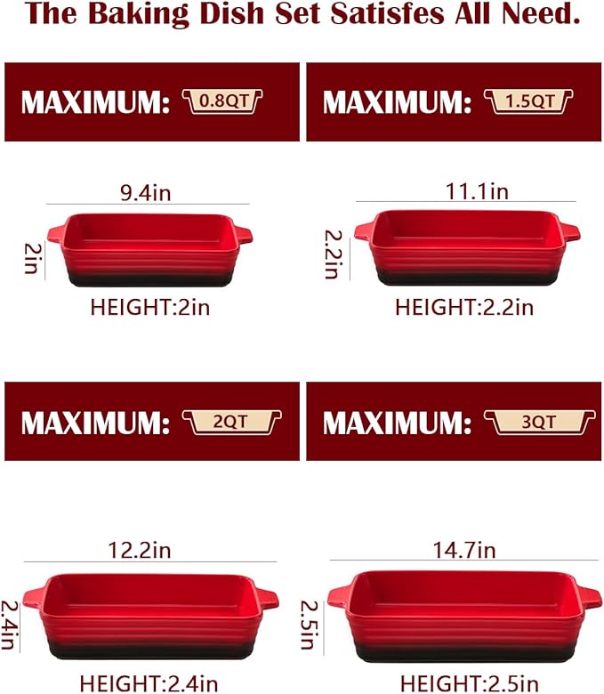 Casserole Dishes For Oven, Heat-Resistant Ceramic Bakeware Set Of 4 Rectangular Baking Dish Set With Handles For Lasagna, Cake, Pie, Dinner, Cooking, Ceramic Baking Dish, Red (9.4"/11.1"/12.2"/14.7") - Image 2