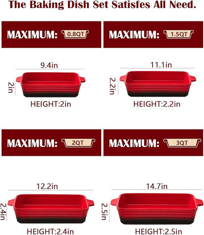 Casserole Dishes For Oven, Heat-Resistant Ceramic Bakeware Set Of 4 Rectangular Baking Dish Set With Handles For Lasagna, Cake, Pie, Dinner, Cooking, Ceramic Baking Dish, Red (9.4"/11.1"/12.2"/14.7") - Image 2