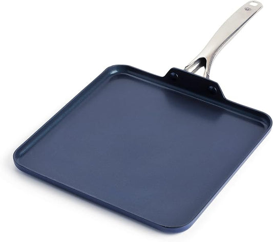 Blue Diamond 11" Nonstick Square Griddle Pan, Non Toxic PFAS-Free Diamond Ceramic, Dishwasher & Oven Safe, Even Heating, Metal Utensil Safe, Warp Control, Blue by BlueDiamondCookware