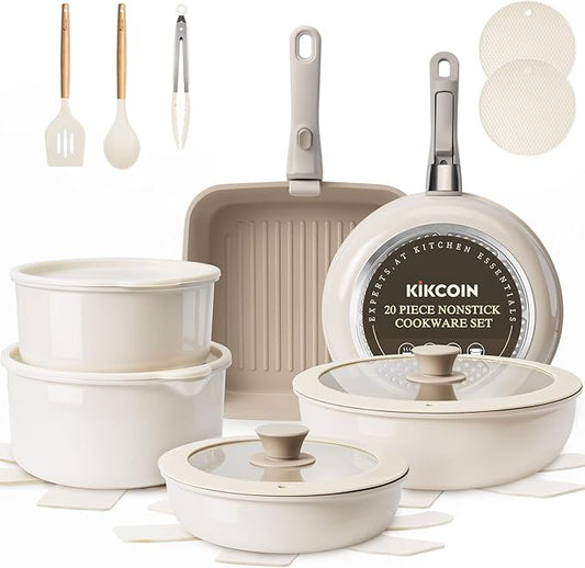 KIKCOIN Nonstick Pots and Pans Set - 22 Pack Cookware Set with Detachable/Removable Handle - Kitchen Cooking Set with Frying Pans, Grill Pan - Stackable, Dishwasher/Oven Safe, Induction Ready by Kikcoin