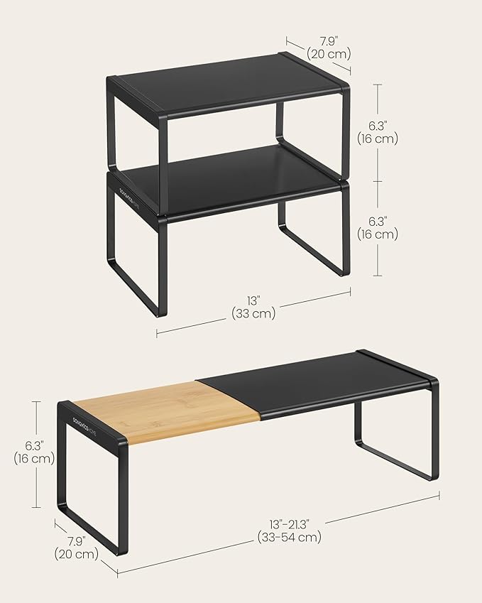 SONGMICS HOME Spice Racks, Expandable Cupboard Shelf Orgnizers, Kitchen Counter Shelves, Bamboo and Metal, Space-Saving Shelving, Stackable, Light Bamboo and Ink Black UKCS051B01 - Image 3