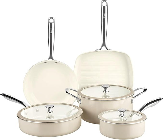 Pyrex 8-Piece Ceramic Cookware Set, Pots and Pans with Lids & Stainless Steel Handles, Healthy Nonstick Ceramic Coating, Induction Compatible Stainless Steel, PFAS Lead Cadmium BPA Free