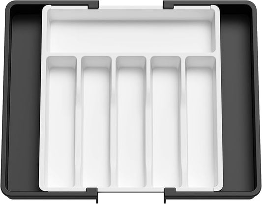 Lifewit Silverware Drawer Organizer, Expandable Utensil Tray for Kitchen, BPA Free Flatware and Cutlery Holder, Adjustable Plastic Storage for Spoons Forks Knives, 13-22 x 15", White&Black by Lifewit