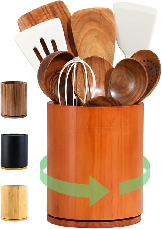 Wooden Utensil Holder, 360°Rotating 7.3'' Large Utensil Holder for Kitchen Counter, Kitchen Utensil Organizer, Utensil Crock, Farmhouse Kitchens Countertop Decor, Cherry-finish by Unknown