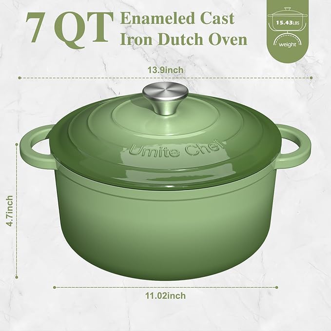 Umite Chef Enameled Cast Iron Dutch Oven-7QT Pot with Lid Cookbook & Cotton, Heavy-Duty Cookware for for Bread Baking, Braising, Stews, Marinate, Cook(Sage Green) - Image 2