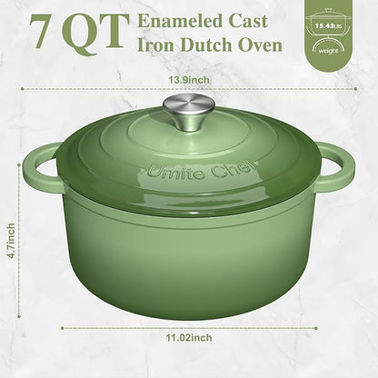 Umite Chef Enameled Cast Iron Dutch Oven-7QT Pot with Lid Cookbook & Cotton, Heavy-Duty Cookware for for Bread Baking, Braising, Stews, Marinate, Cook(Sage Green) - Image 2