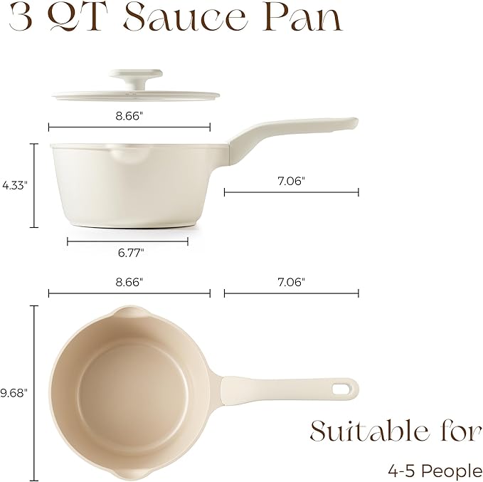 PRICUSIS Ceramic Nonstick Saucepan with Lid, 3 Quart Non Toxic Pot with Pour Spouts, Full Coated, 100% Dishwasher Safe, Induction Compatible & Oven Safe, PTFE PFAS & PFOA Free, Coconut White - Image 2