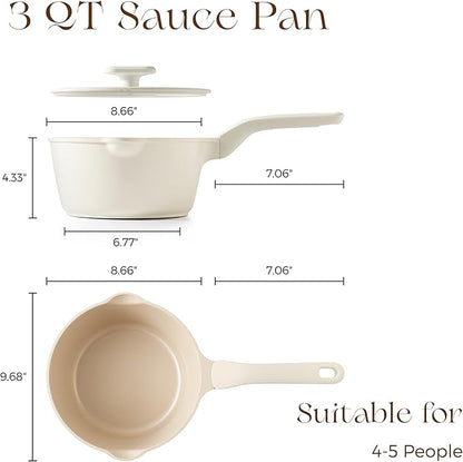 PRICUSIS Ceramic Nonstick Saucepan with Lid, 3 Quart Non Toxic Pot with Pour Spouts, Full Coated, 100% Dishwasher Safe, Induction Compatible & Oven Safe, PTFE PFAS & PFOA Free, Coconut White - Image 2