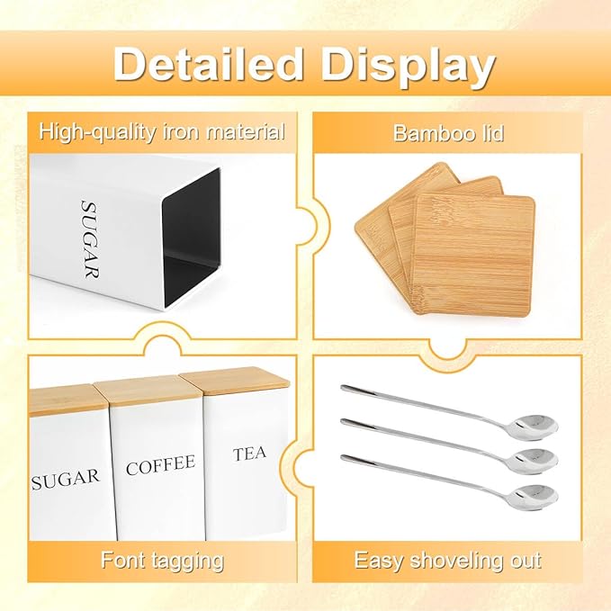 3 Pcs Tea Coffee Sugar Canisters, Black Metal Canister Storage Jar Container Set, Food Storage With 3 Spoons, Rust Resistant Powder Coated Iron Caddies for Kitchen Worktop Organizer (White) - Image 2