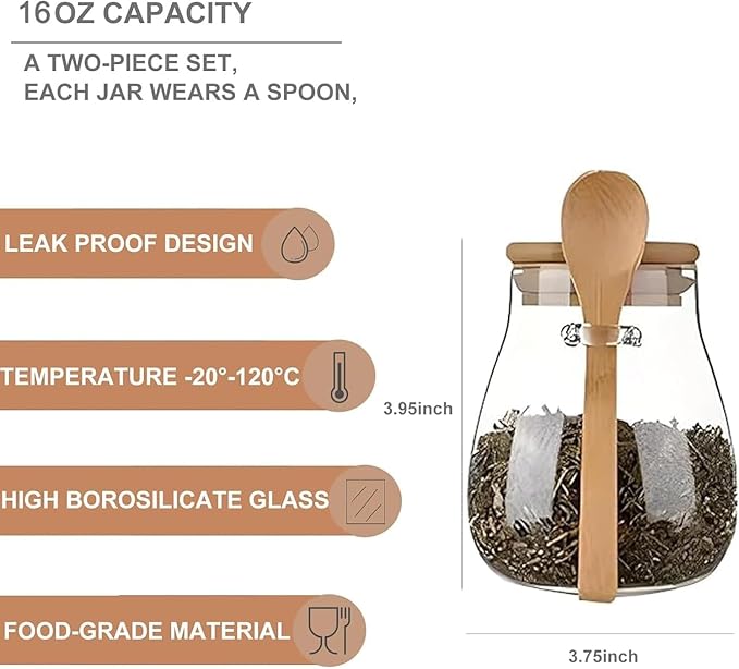 Airtight glass jar storage container with bamboo lid Set of 4, wide mouth, leak-proof, With a spoon, can be used for coffee beans, tea leaves, grains, dried fruits, etc (Small*4pcs) - Image 2
