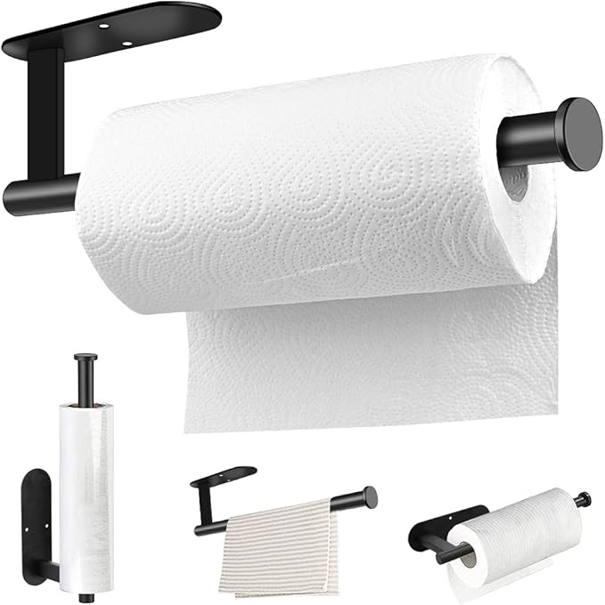 MGahyi Paper Towel Holder Wall Mount, Self Adhesive Or Drilling Under Cabinet Kitchen, 13.2 inch Stainless Steel Paper Towel Roll Rack, Towel Roll Hanger for Bathroom(Rectangle-Black) by MGahyi