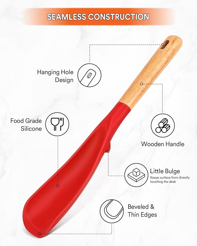 Cooking Spoon for Nonstick Cookwares, Great for Cooking and Serving Sturdy BPA-Free Matte Silicone, Wood Handle Spoon for Mixing, Scoop, and Scrape (2 Pack of Red, 11.4 inch) - Image 3