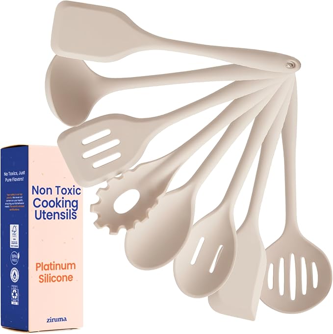 Non-Toxic Platinum Silicone Kitchen Utensil Set of 8 – Non-Scratch Cooking Spoons & Spatulas, 100% Plastic Free, Stainless Steel Core, Heat Resistant 500°F, Beige by Ziruma