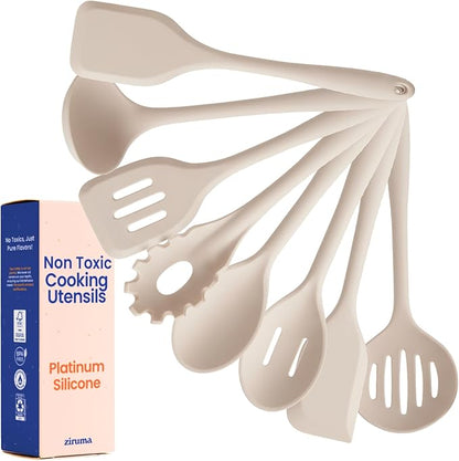 Non-Toxic Platinum Silicone Kitchen Utensil Set of 8 – Non-Scratch Cooking Spoons & Spatulas, 100% Plastic Free, Stainless Steel Core, Heat Resistant 500°F, Beige by Ziruma