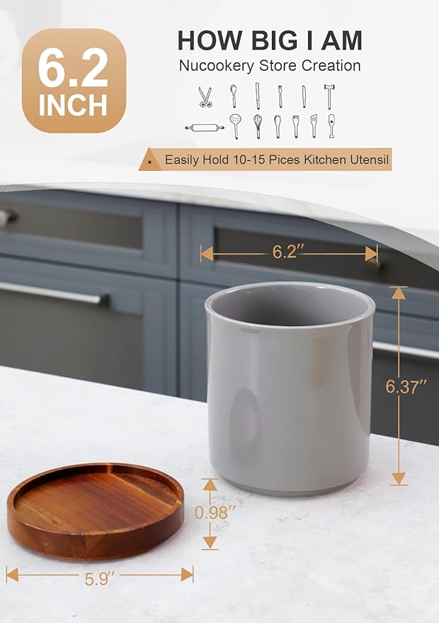 Nucookery 360°Rotating Utensil Holder, 7.2" Large Utensil Crock, White Ceramic Cooking Utensil Organizer,Farmhouse Kitchen Decor Christmas Thanksgiving Gift (Gray) - Image 2