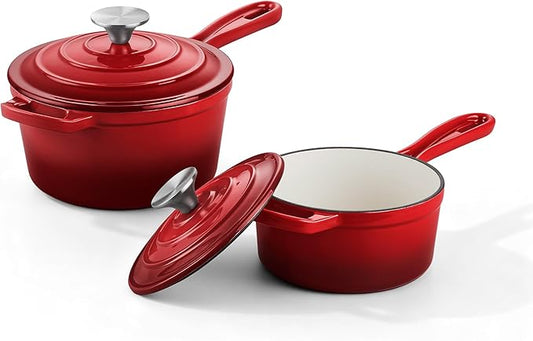 Homikit 1 QT & 2 QT Saucepan Set, Enameled Cast Iron Saucepan with Lid for All Cooktops, Small Pot Mini Dutch Oven for Kitchen Cooking, Boiling, Nonstick & Heavy Duty, Red