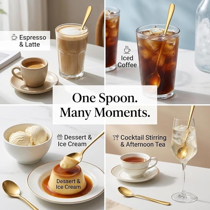 Espresso Spoons Long Handle, 4PCS Gold Stainless Steel Coffee Stirring Spoons 7.28 Inch, Round Tip Demitasse Spoon for Iced Coffee, Tea, Dessert, Cappuccino, Coffee Bar
