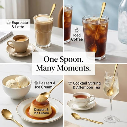 Espresso Spoons Long Handle, 4PCS Gold Stainless Steel Coffee Stirring Spoons 7.28 Inch, Round Tip Demitasse Spoon for Iced Coffee, Tea, Dessert, Cappuccino, Coffee Bar