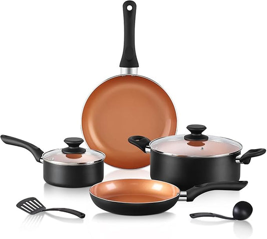 BECIGAR 8pcs Gold Ceramic Pots and Pans Set, Cooking Pan Set,Cooking Pot Set Ceramic Pan Set, Nonstick Cookware Set, Induction Safe Kitchen Cooking Set with Frying Pans, Saucepans, shovel and Ladle by BecigarCookware