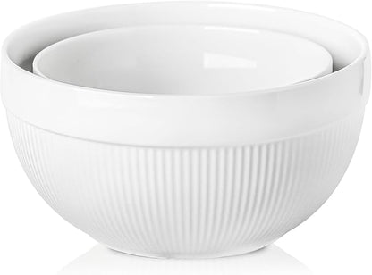 Ceramic Large Mixing Bowls for Kitchen, Set of 2 Big Serving Bowls for Cooking, Popcorn, Salad, Soup, Baking, Dough Bread Making Bowl, 10 inch + 8 inch, White by TEAKISS