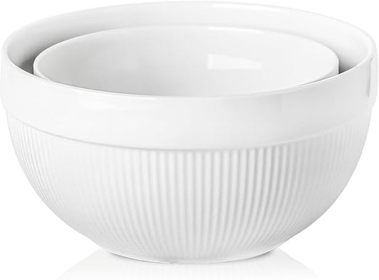 Ceramic Large Mixing Bowls for Kitchen, Set of 2 Big Serving Bowls for Cooking, Popcorn, Salad, Soup, Baking, Dough Bread Making Bowl, 10 inch + 8 inch, White by TEAKISS