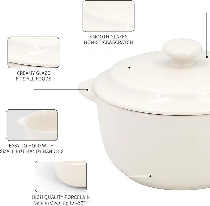 4-Pack Ceramic Mini Cocotte Set, 10 Oz Stoneware Casserole Dishes with Handles & Lids, Oven-Safe Ramekins for Soufflé, Soup, Cobbler & Baking, Individual Serving Bakeware, Off White