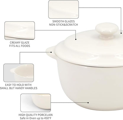 4-Pack Ceramic Mini Cocotte Set, 10 Oz Stoneware Casserole Dishes with Handles & Lids, Oven-Safe Ramekins for Soufflé, Soup, Cobbler & Baking, Individual Serving Bakeware, Off White