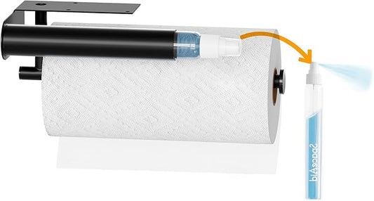 SpaceAid SprayNeat 2 in 1 Paper Towel Holder with Spray Bottle, Under Cabinet Paper Towels Holders with Sprayer Inside, Hanging Wall Mount Papertowels Roller for Kitchen (Black)