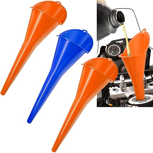 3-Pack Long-Neck Oil Funnels, 11" Multi-Purpose Funnels for Automotive & Motorcycle Use – Reusable Funnel for Oil, Gas & Transmission Fluid (Orange&Blue)