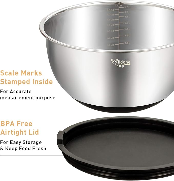 Wildone Mixing Bowls with Airtight Lids Set, 5PCS Stainless Steel Nesting Bowls for Kitchen, with Grater Attachments & Non-Slip Bottoms, Size 5, 3, 2, 1.5, 0.63 QT, Great for Mixing & Serving - Image 2