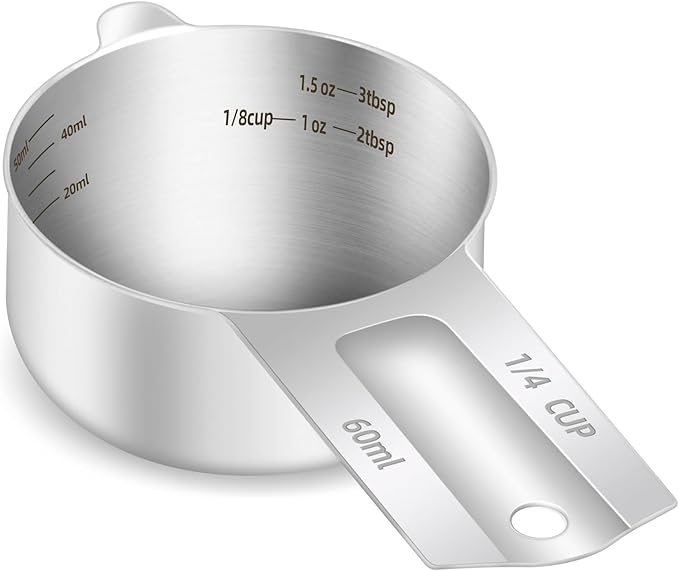 1PCS 1/4Cup (60ml, 2oz) Single Measuring Cup, Etched Inner Scale Stainless Steel Measure Scoop, Metric and US Measurement, Dishwasher Safe by BERYLER