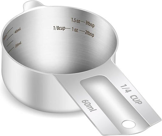 1PCS 1/4Cup (60ml, 2oz) Single Measuring Cup, Etched Inner Scale Stainless Steel Measure Scoop, Metric and US Measurement, Dishwasher Safe by BERYLER
