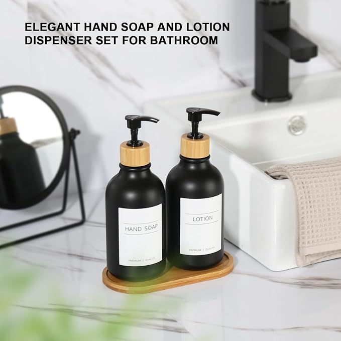 KASUNTING Hand and Dish Soap Dispenser Set, Plastic Kitchen Soap Dispenser Set with Bamboo Tray, 17 Fl Oz Black Soap and Lotion Dispensers Sets with 4 Pack Labels for Kitchen & Bathroom Countertop - Image 7