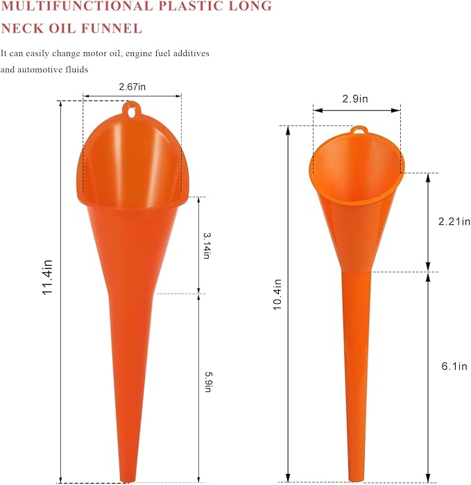 2 PCS Oil Funnel, Multi-Purpose Plastic Long Neck Oil Funnel, Automotive Use Funnels for Filling Oils Lubricants Water Diesel, Kitchen Funnels for Filling Bottles Jars (Orange, L+S)