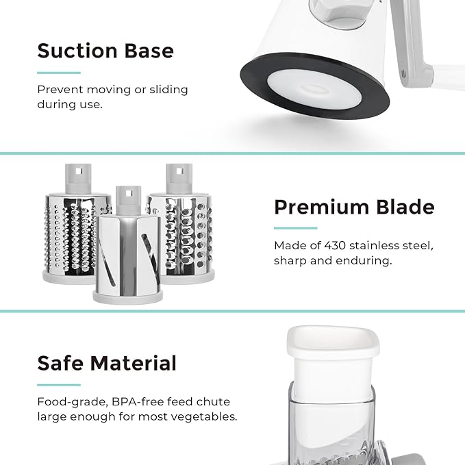 X Home Rotary Cheese Grater for Kitchen, Shredder with 3 Interchangeable Blades, Rotary Grater with Handle and Strong Suction Base, for Vegetables, Fruit, Nuts, Easy to Use and Clean, White - Image 5