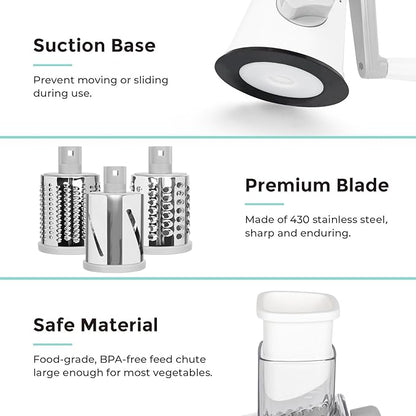 X Home Rotary Cheese Grater for Kitchen, Shredder with 3 Interchangeable Blades, Rotary Grater with Handle and Strong Suction Base, for Vegetables, Fruit, Nuts, Easy to Use and Clean, White - Image 5