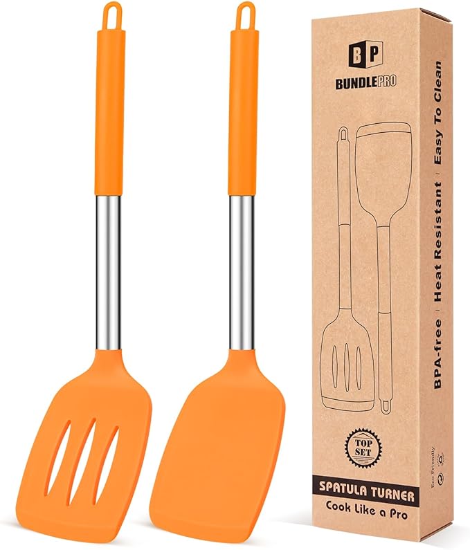 Pack of 2 Silicone Solid Turner, Non Stick Slotted Kitchen Spatulas, High Heat Resistant BPA Free Cooking Utensils, Ideal Cookware for Fish, Eggs, Pancakes (ORANGE) by BUNDLEPRO