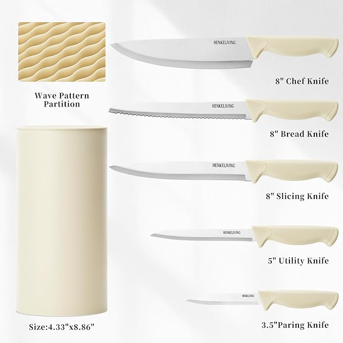 Knife Set, 6-Piece Kitchen Knife Set, German High Carbon Stainless Steel, Durable & Easy Clean Knife Block, Cream - Image 2