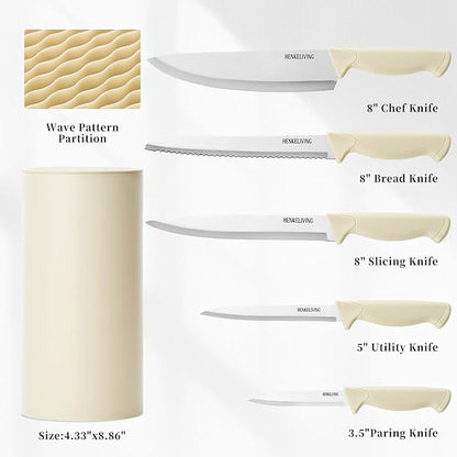 Knife Set, 6-Piece Kitchen Knife Set, German High Carbon Stainless Steel, Durable & Easy Clean Knife Block, Cream - Image 2