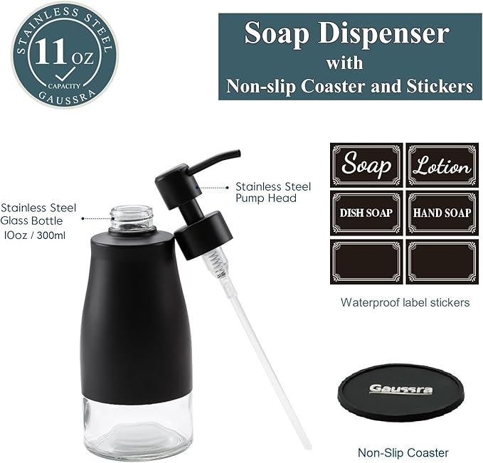 Gaussra Black Soap Dispenser with Coasterand Stickers, Refillable Liquid Stainless Steel Soap Dispenser for Kitchen Sink, Bathroom Countertop (11OZ / 320ML) - Image 3