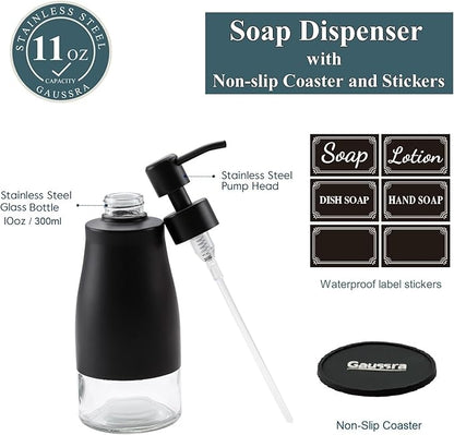 Gaussra Black Soap Dispenser with Coasterand Stickers, Refillable Liquid Stainless Steel Soap Dispenser for Kitchen Sink, Bathroom Countertop (11OZ / 320ML) - Image 3