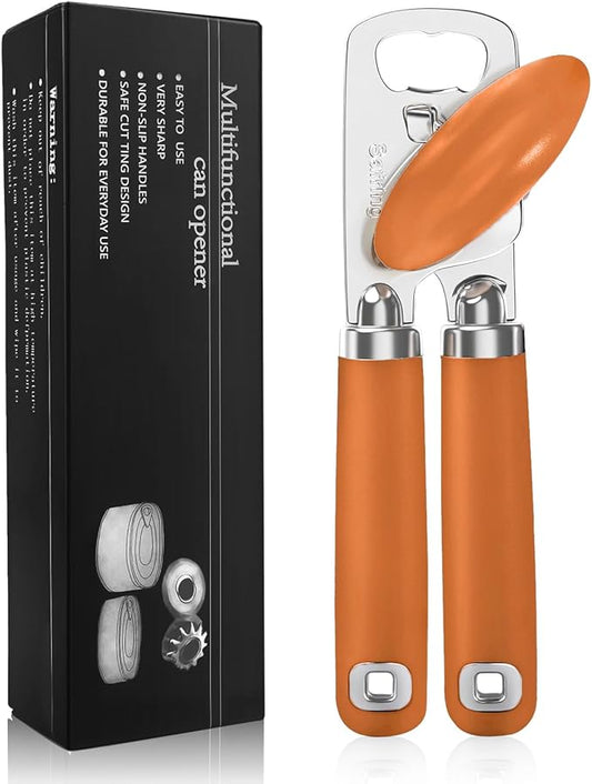 Safring Can Opener Manual, Heavy Duty Stainless Steel Smooth Edge Can Opener With Soft Touch Handle, Oversized Handheld Easy Turn Knob, Multi-Function Bottle Opener, Orange