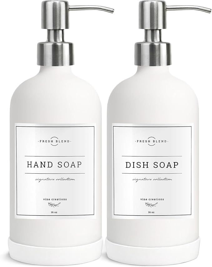 Vine Creations White Glass Soap Dispenser, 2 Pack Kitchen Soap Dispenser Set with Stainless Steel Pump, 16 oz Dish Soap and Hand Soap Dispensers for Bathroom with Waterproof Labels by VineCreations