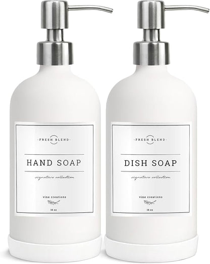 Vine Creations White Glass Soap Dispenser, 2 Pack Kitchen Soap Dispenser Set with Stainless Steel Pump, 16 oz Dish Soap and Hand Soap Dispensers for Bathroom with Waterproof Labels by VineCreations