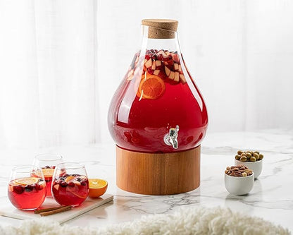 Classic Home Teardrop Clear Glass Ice Cold Beverage Drink Dispenser- 2.75 Gallon, With Cork Lid & Modern Wood Base Leak Proof Spigot- Wide Mouth Easy Filling For Outdoor, Parties & Daily Use - Image 6
