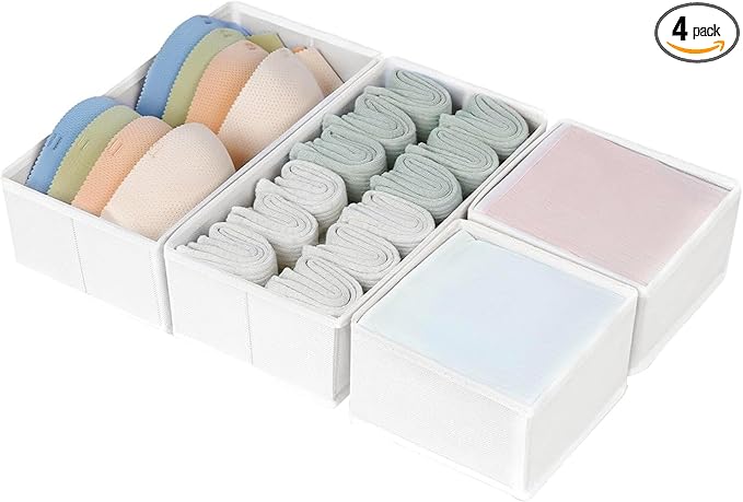 DIMJ Drawer Organizers - Set of 4 Fabric Closet Organizers and Storage, Drawer Dividers for Baby Clothes, Socks, Belt, Tie (White) by DiMJ