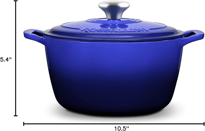ROSSALLINI Signature Enameled Cast Iron Dutch Oven, Non-Stick Serving Pot with Tight Fitting Lid for Perfect Roasting, Baking, Sauteing, and Bread Making | 7.4Q (7L) - Indigo Blue